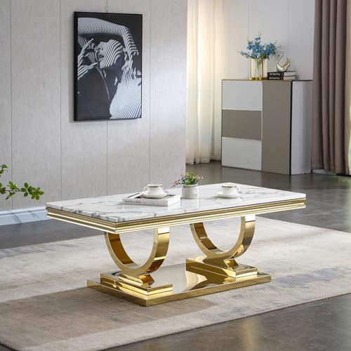 Modern Marble Coffee Table, Rectangular White and Gold Marble Tea Table - Image 4