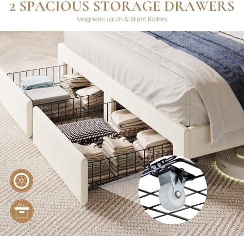 SHA CERLIN Queen Bed Frame, 2 Storage Drawers & 2-Tier Storage Headboard - Image 6