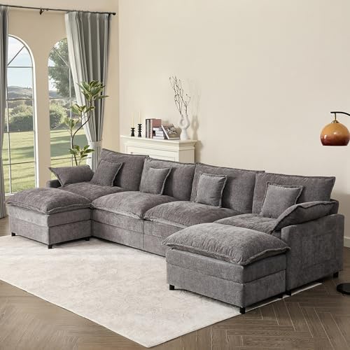 GOSUHI 142.5" U-Shaped Modular Cloud Couch, Deep Seat, Chenille Slate by GOSUHI