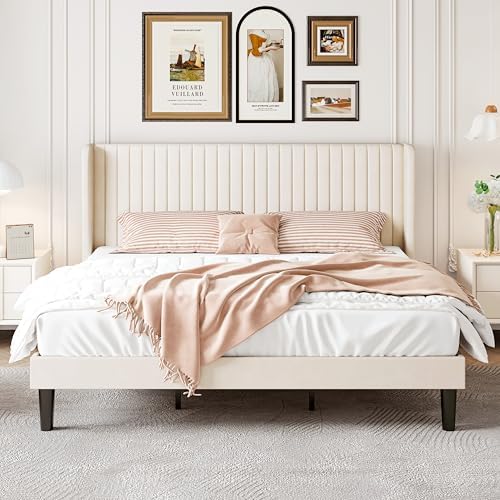 SHA CERLIN King Size Velvet Bed Frame, Tufted Wingback Headboard - Image 3