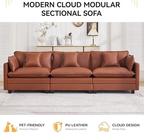 111'' Sectional Cloud Deep Seat Couch, Modular 3 Seater Sofa, Leather Brown - Image 6