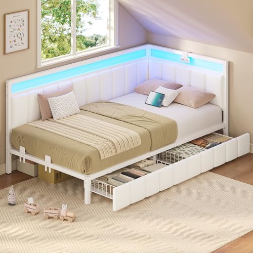 Hasuit Corner Bed Frame with Storage Drawers, Twin XL Daybed with Line Fabric - Image 2