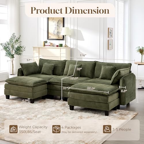 Corduroy Cloud Couch Modular Sectional Sofa, Oversized Deep Seat Modern - Image 2