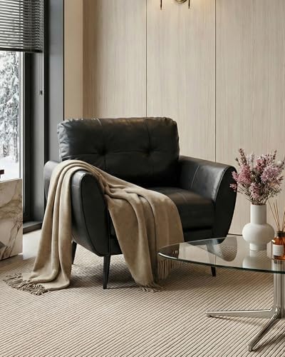Black Leather Accent Chair, Tufted Reading Armchair - Image 4