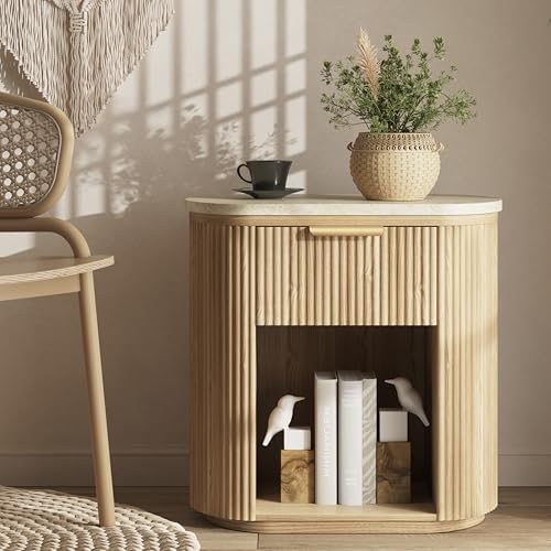 Fluted Marble Nightstand w/ drawers 23.6"Large Round Bedside Table Oak - Image 4