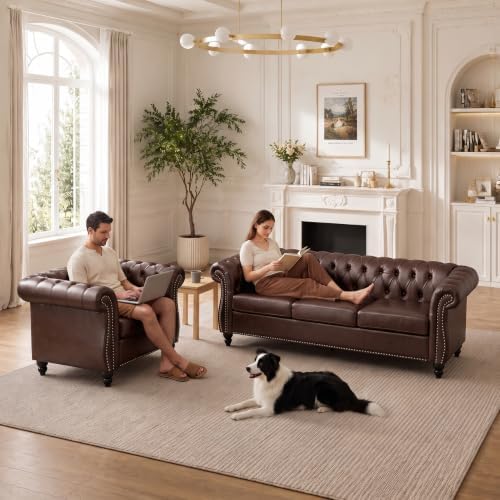 Chesterfield Sofa & Chair Set, Faux Leather Couch Set by EYBCTHOME
