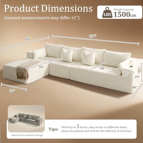 138" Cloud Sectional Couch, Comfort L Shaped Boneless Couch - Image 2