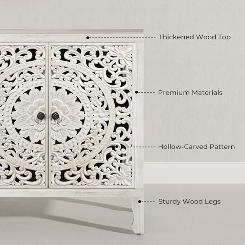 Buffet Cabinet with Storage, Accent Cabinet with 4 Carved Doors, Solid Wood - Image 3