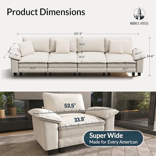 HERA'S HOUSE 158" Oversized Modular Sectional Straight Sofa, Chenille White - Image 2