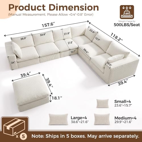 157.6" Cloud Couch Sectional, Oversized 7 Seater L Shaped Sofa - Image 2