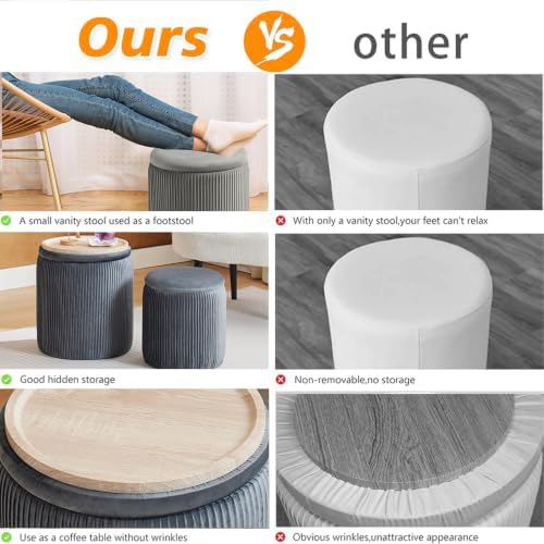BLEXA Storage Ottoman Round, Velvet Vanity Stool, Light Grey - Image 5
