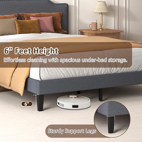 Queen Size Bed Frame with Upholstered Headboard, Platform Bed with Soft Linen - Image 5