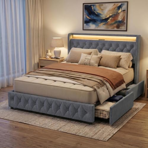 Queen Size Bed Frame, 4 Storage Drawers, Charging Station by Zelurelle