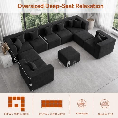MONVANE 158" U-Shaped 10 Seat Modular Sectional Cloud Couch, Jet Black - Image 3