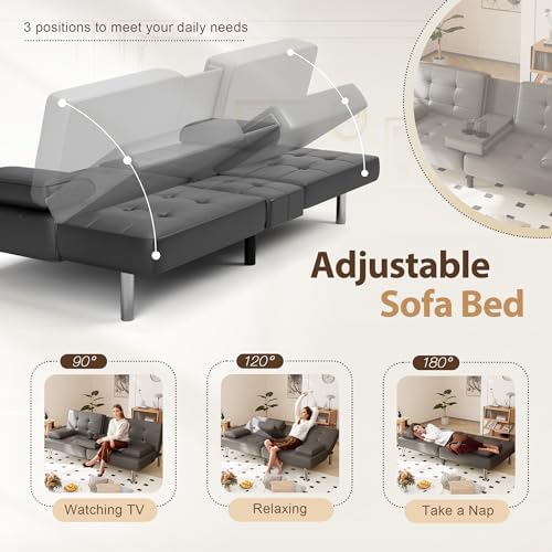 Shahoo Leather Convertible Futon Sofa Bed, Folding Sleeper Loveseat Couch - Image 4