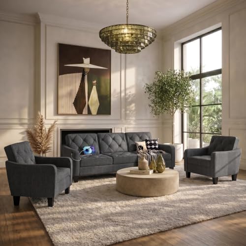 3-Piece Dark Grey Fabric Sofa Set, 2 Accent Chairs & 3 Seater Couch by STHOUYN