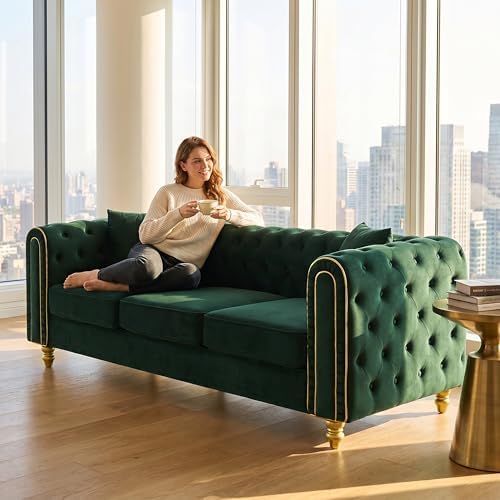 86" Chesterfield 3-Seater Velvet Sofa Couch, Button Tufted Rolled Arms by Unknown