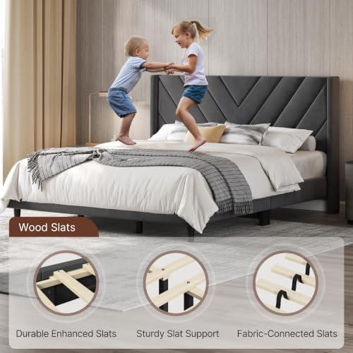 Yaheetech King Bed Frame with Chevron Channel-Tufted Headboard, Dark Gray - Image 4