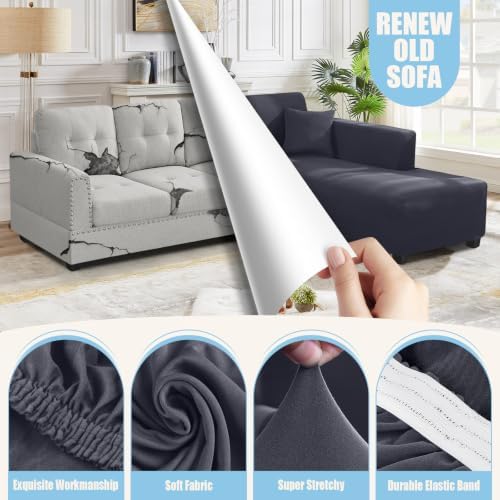 KinCam Sectional Couch Covers Stretch L Shape Sofa Covers, Dark Grey - Image 2