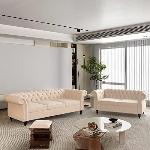 ORRD 2 Piece Living Room Set, Velvet Chesterfield Sofa Loveseat Couch - Image 3