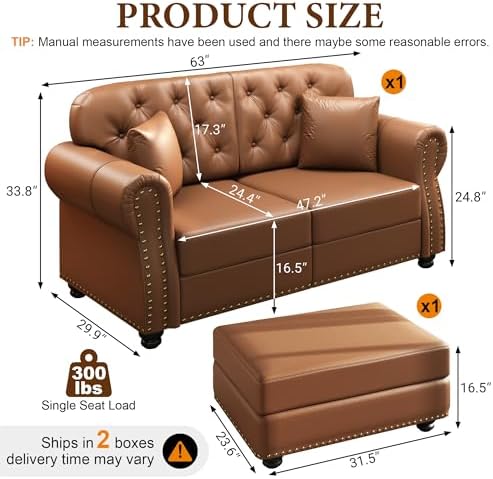 63'' Faux Leather Chesterfield Loveseat Sofa - Image 2