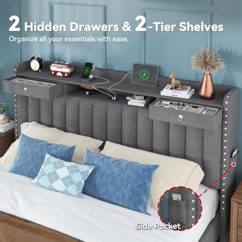 Queen Bed Frame with 2-Tier Storage Headboard and 4 Drawers, Linen Fabric - Image 4
