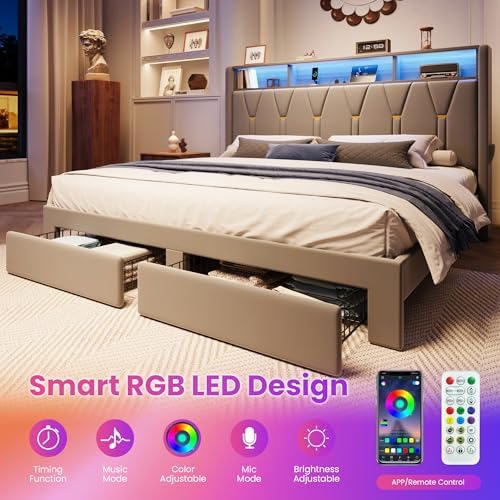 SHA CERLIN King Bed Frame, 2 Storage Drawers & 2-Tier Storage Headboard - Image 4