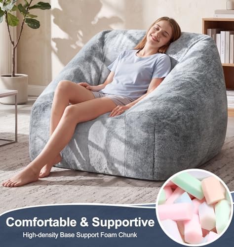 Hobestluk Bean Bag Chair Plush Accent Chair Armrest Living Room Adult Grey - Image 3