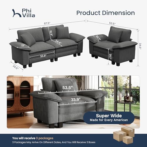 PHI VILLA 2-Piece Modular Loveseat Couch and Chair Set Setional Sofa - Image 3