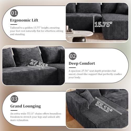 L-Shaped Sectional Boneless Cloud Couch Right Facing Chaise 92.5''-Gray - Image 4