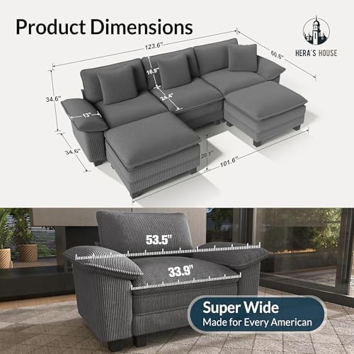 HERA'S HOUSE 124" Oversized Modular Sectional U Shaped Sofa, Corduroy Grey - Image 2