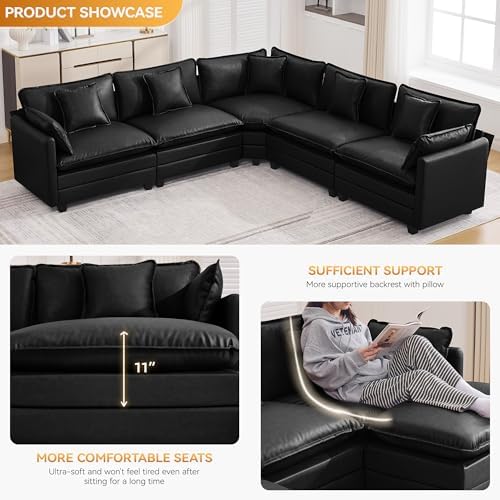 113'' V Shaped Cloud Sectional Sofa, Oversized Deep Seat Leather Couches - Image 3