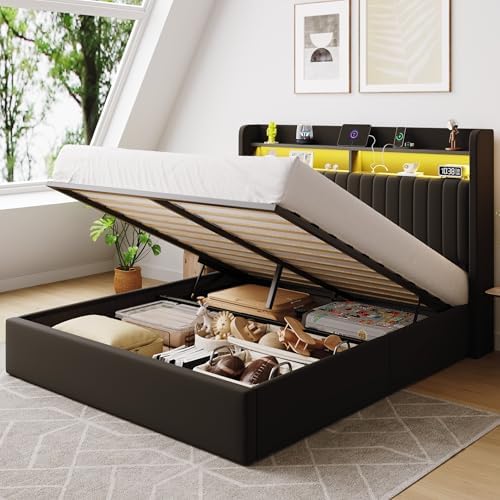 SHA CERLIN Full Size LED Lift Up Storage Bed Frame Charging Station by SHACERLIN