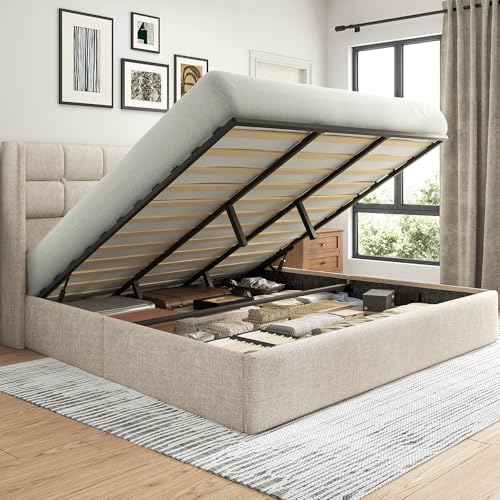 Lifezone King Size Lift Up Storage Bed Frame, Linen Upholstered King Platform by Lifezone