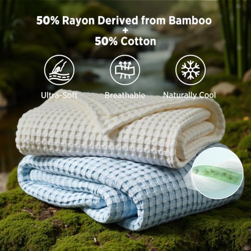 Bedsure Cooling Waffle Blanket for Hot Sleepers, Light Blue, Throw XL - Image 2