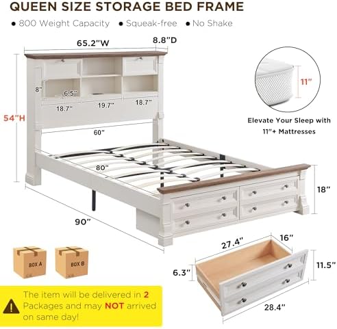 Farmhouse Queen Size Bed Frame w/Charging Station 2 Large Footboard Drawers - Image 2