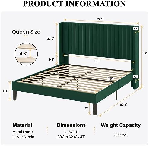 SHA CERLIN Queen Size Velvet Bed Frame, Tufted Wingback Headboard - Image 2