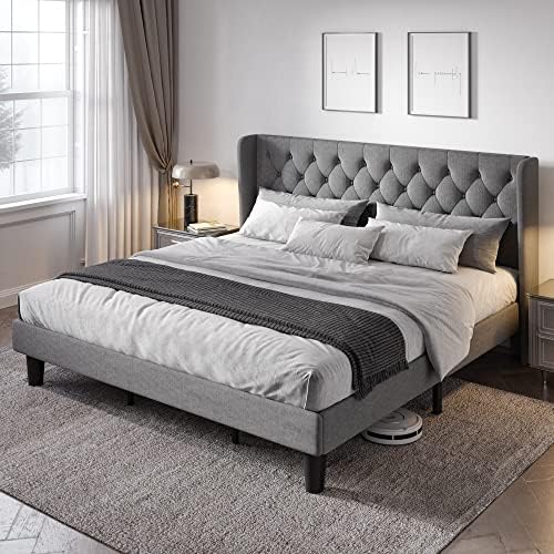 Allewie King Bed Frame with Button Tufted Wingback Headboard, Light Grey by Allewie