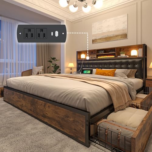 EnHomee Queen Bed Frame with 4 Drawers & Charge Station, Vintage Brown by EnHomee