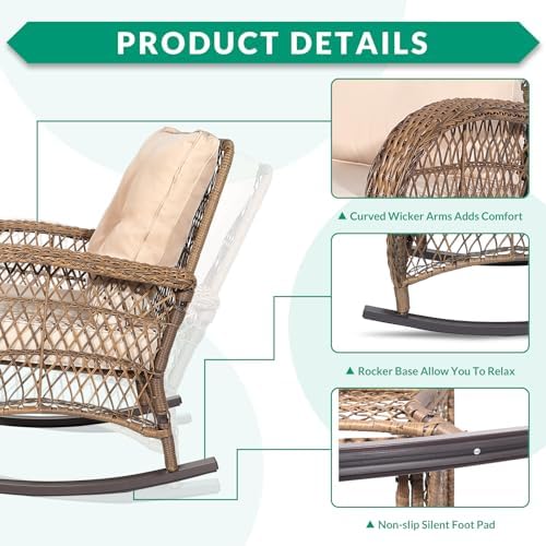 VIVIJASON Outdoor Wicker Rocking Chair, Patio Rattan Rocker Chair - Image 3