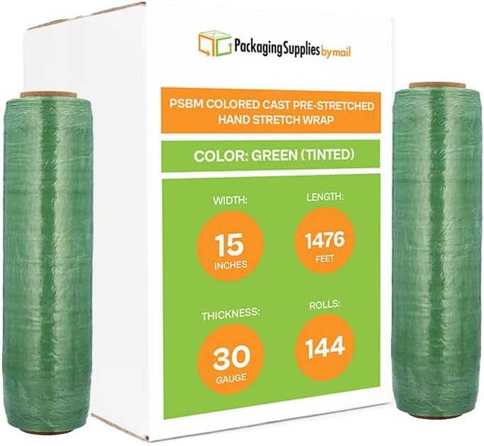 PSBM Green Stretch Wrap, 15 Inch x 1476 Feet, 144 Pack, Tinted Pre-Stretched Shrink Wrap Film for Moving, Packaging, Pallet Wrapping