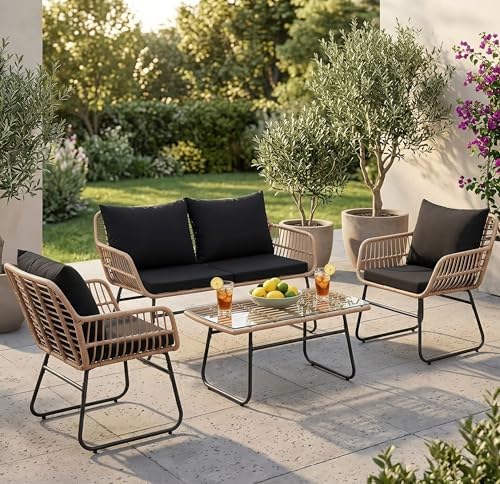KROFEM 4-Piece Outdoor Patio Furniture Set, Natural/Black - Image 5