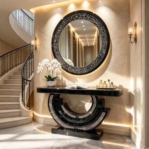 Black Mirrored Console Table, 42.9" Rectangle Sofa Table - Image 4