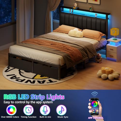 Furnulem Queen Bed Frame with Storage Drawers and Upholstered Headboard - Image 5