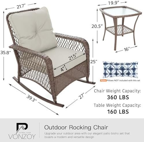 Patio Furniture Set 3 Pieces, Wicker Outdoor Rocking Bistro Set, Pale White - Image 3