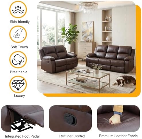 2 Piece Manual Reclining Leather Sofa Set, Reclining Couch Sofa Set Includes 3 - Image 3