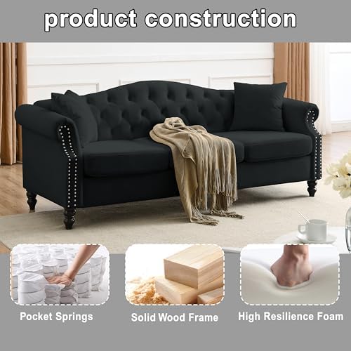2 Piece Black Velvet 79" 3-Seater and 57" Loveseat Sofa Sets, Chesterfield - Image 5