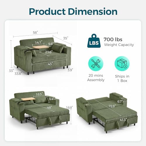 LINSY HOME 58" Loveseat Sleeper, 3-in-1 Pull Out Couch w/Side Table - Image 2