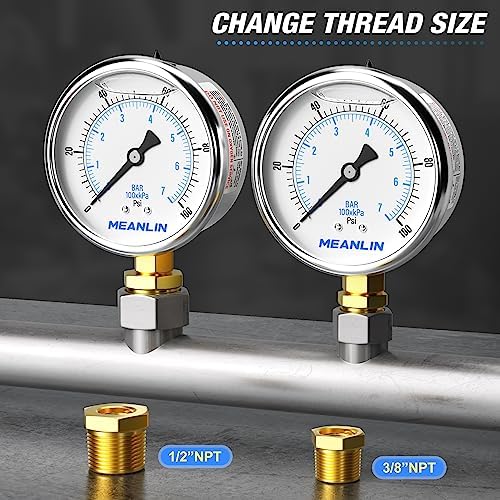 MEANLIN MEASURE 0~100Psi Stainless Steel 1/4" NPT 2.5" FACE DIAL Liquid Filled - Image 3