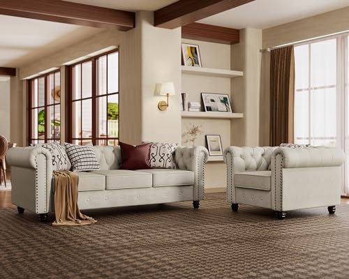 Morden Fort Sofa Set, Chenille Beige, Chesterfield Style, Tool-Free Assemble by MordenFortFurniture